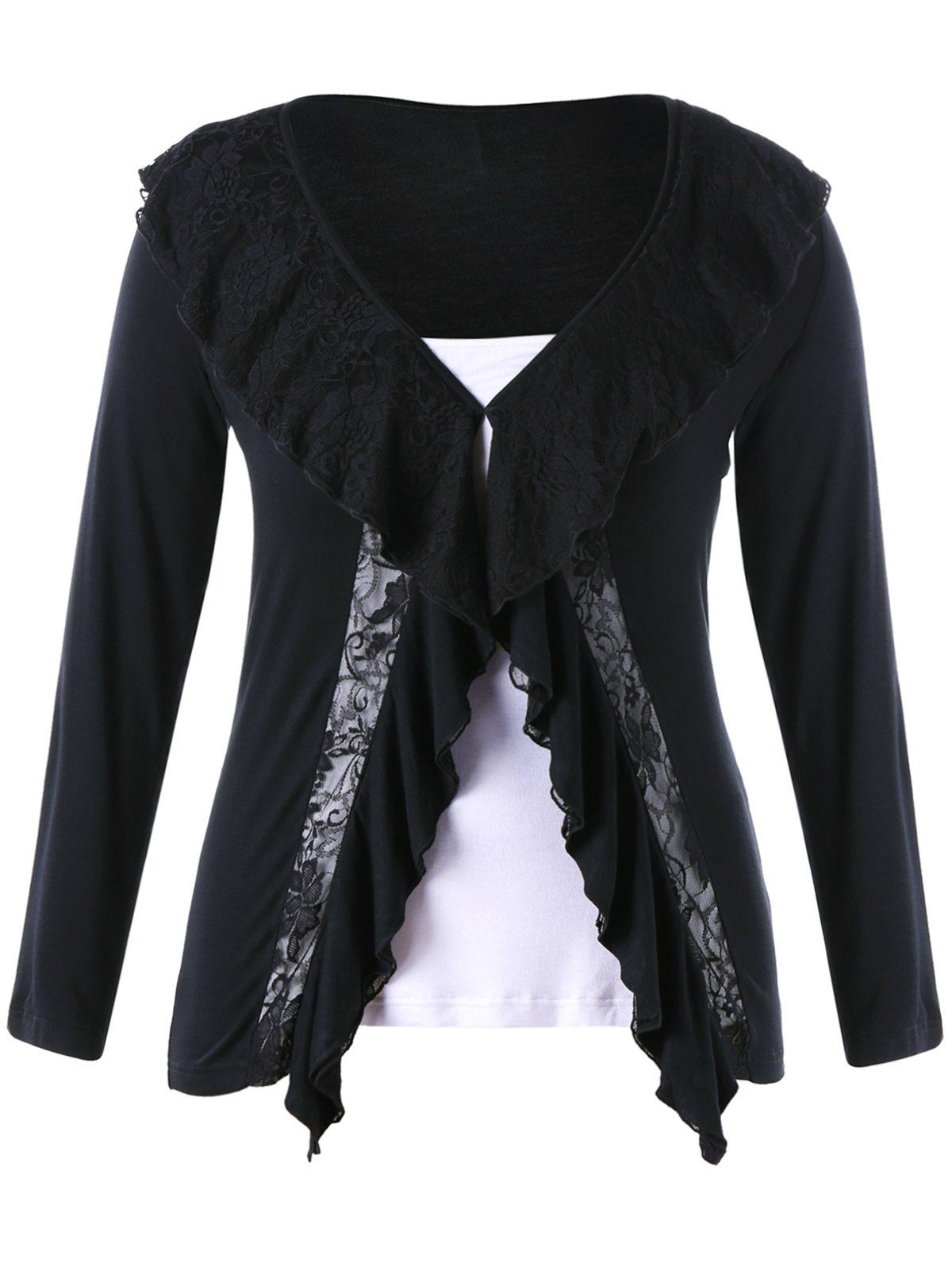 

Plus Size Lace Trim Two Tone Top, Black