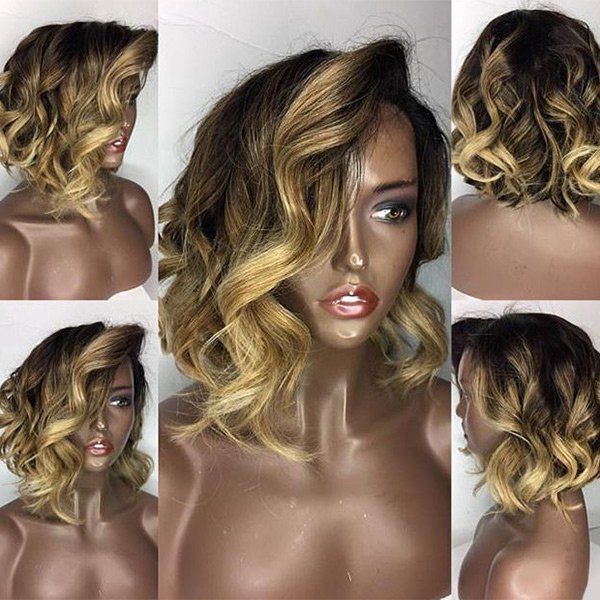 Deep Side Part Loose Wavy Short Bob Colormix Lace Front Human Hair Wig - GOLDEN YELLOW 