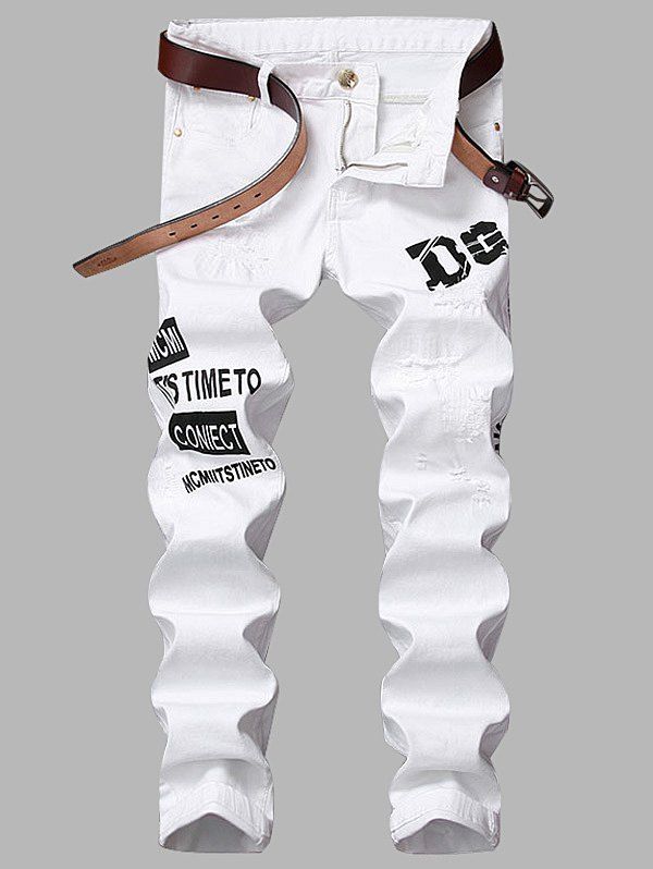 

Zipper Fly Straight Leg Graphic Print Ripped Jeans, White