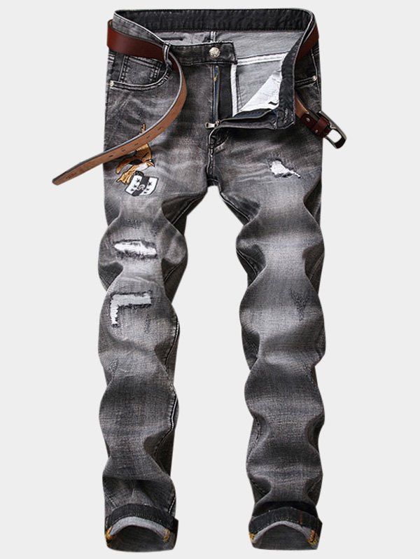 

Embroidered Zipper Fly Straight Leg Ripped Jeans, Gray