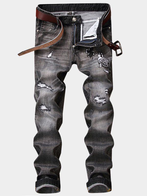 

Cat and Flower Embroidered Design Zipper Fly Ripped Jeans, Gray