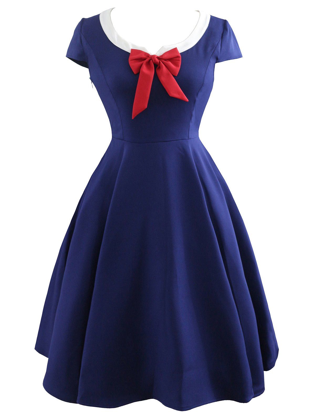 

Vintage Bowknot Fit and Flare Dress, Purplish blue