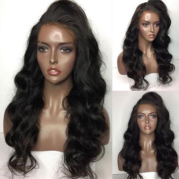 Side Part Shaggy Long Body Wave Lace Front Human Hair Wig - NATURAL BLACK 