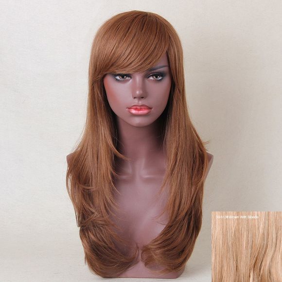 Longue inclinée Bang Layered Tail Adduction Straight Hair Hair Wig - Brun Avec Blonde 
