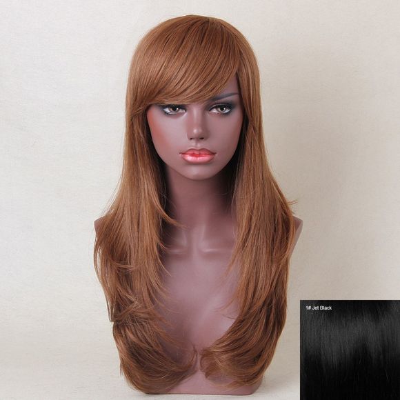 Longue inclinée Bang Layered Tail Adduction Straight Hair Hair Wig - JET NOIR 01 