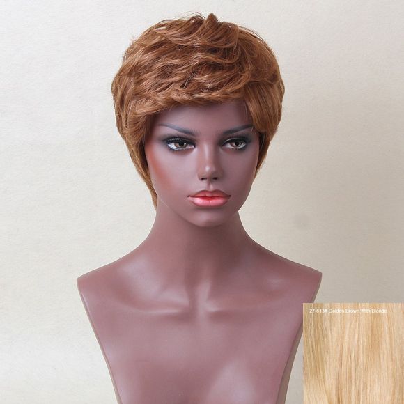 Siv Hair Perruque de Cheveux Humains Courte Bouclée avec Frange Inclinée - Brun d'Or avec Blonde 