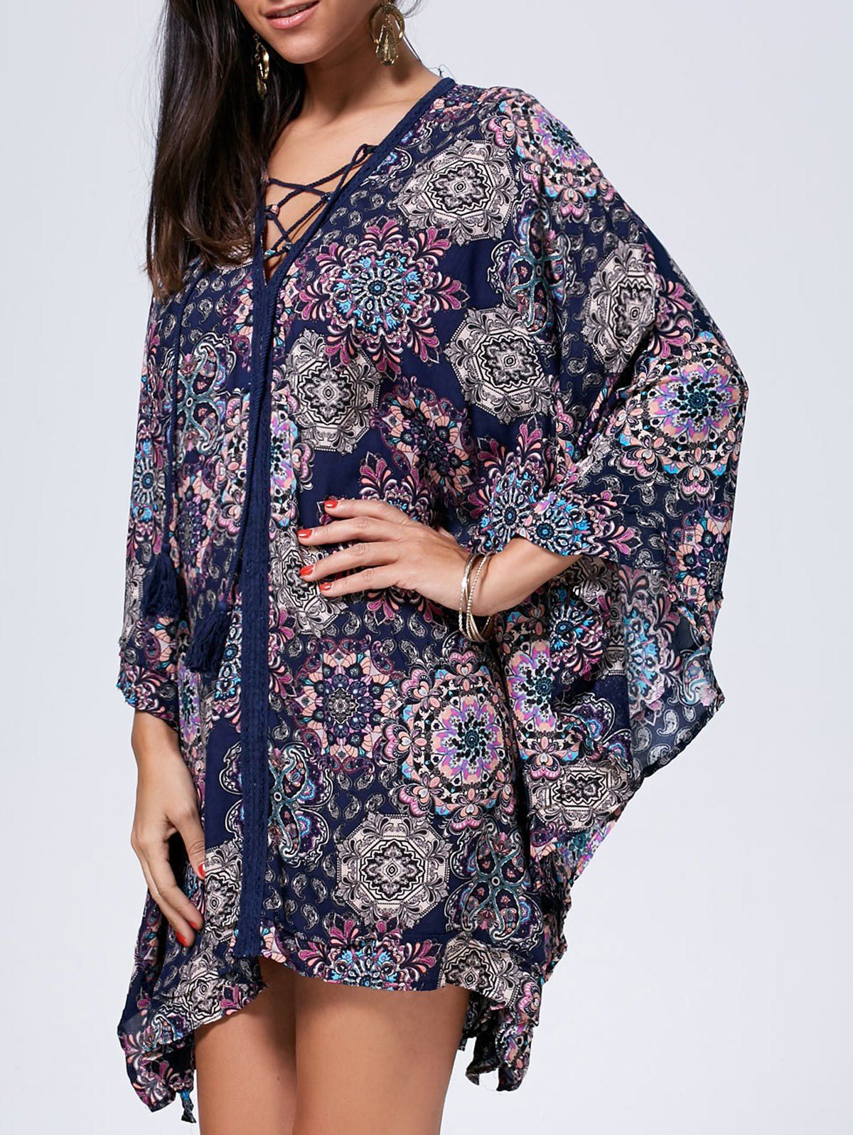 

Bohemian Oversized Lace Up Kaftan Dress, Colormix