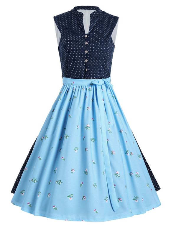 Polka Dot Button Up A Line Dress - Bleu 2XL