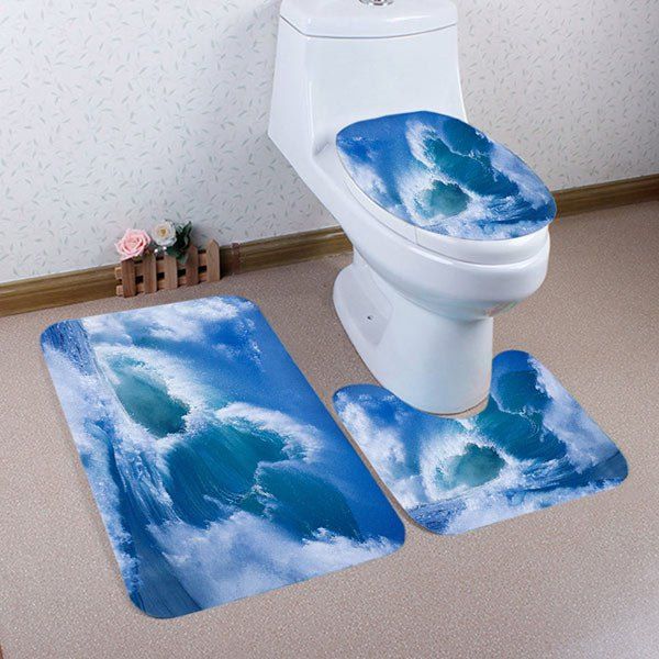 

Ocean Wave Pattern 3 Pcs Flannel Bathroom Toilet Mat, Blue