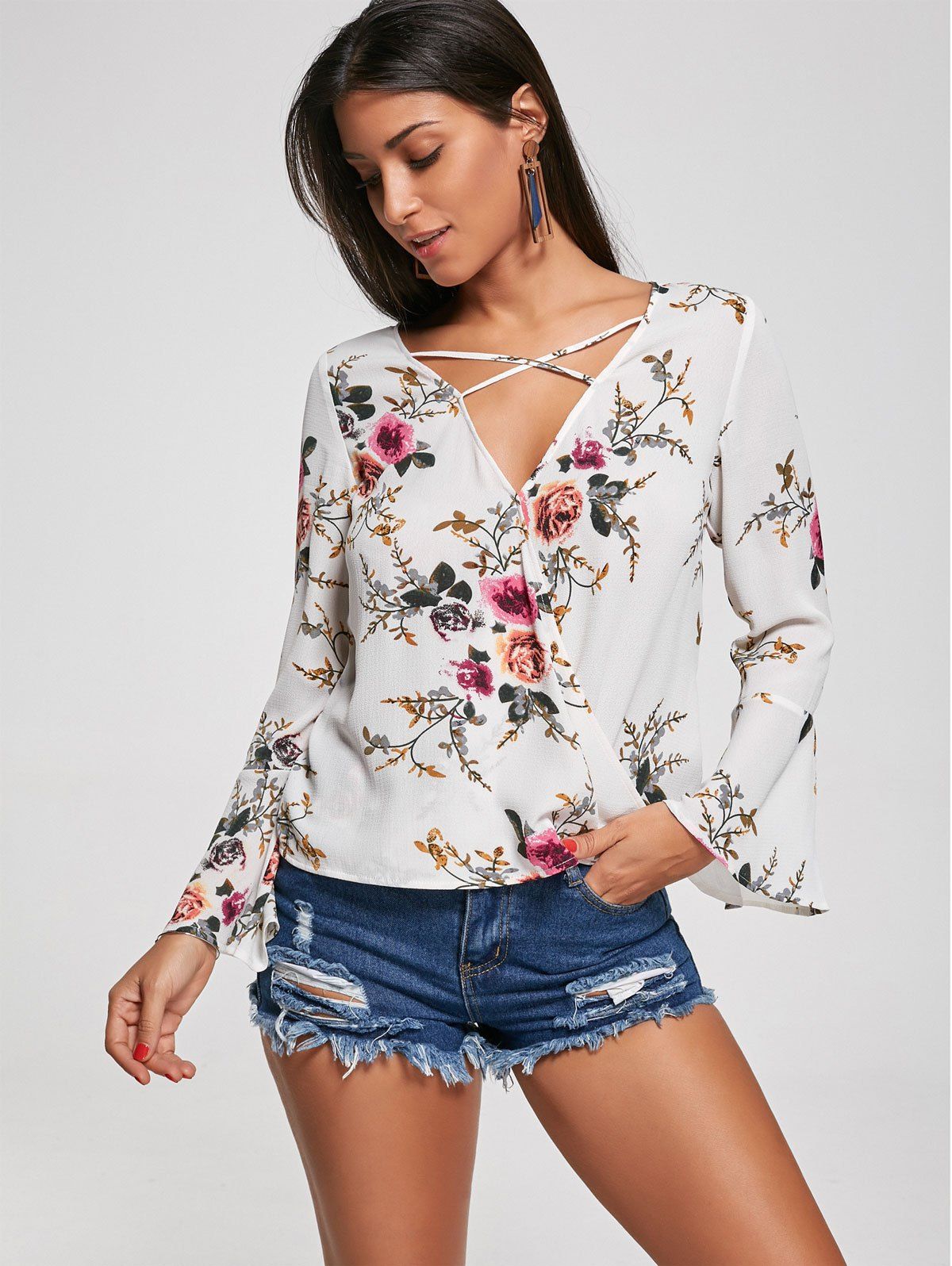 2017 Criss Cross Floral Print Surplice Blouse FLORAL M In Blouses ...