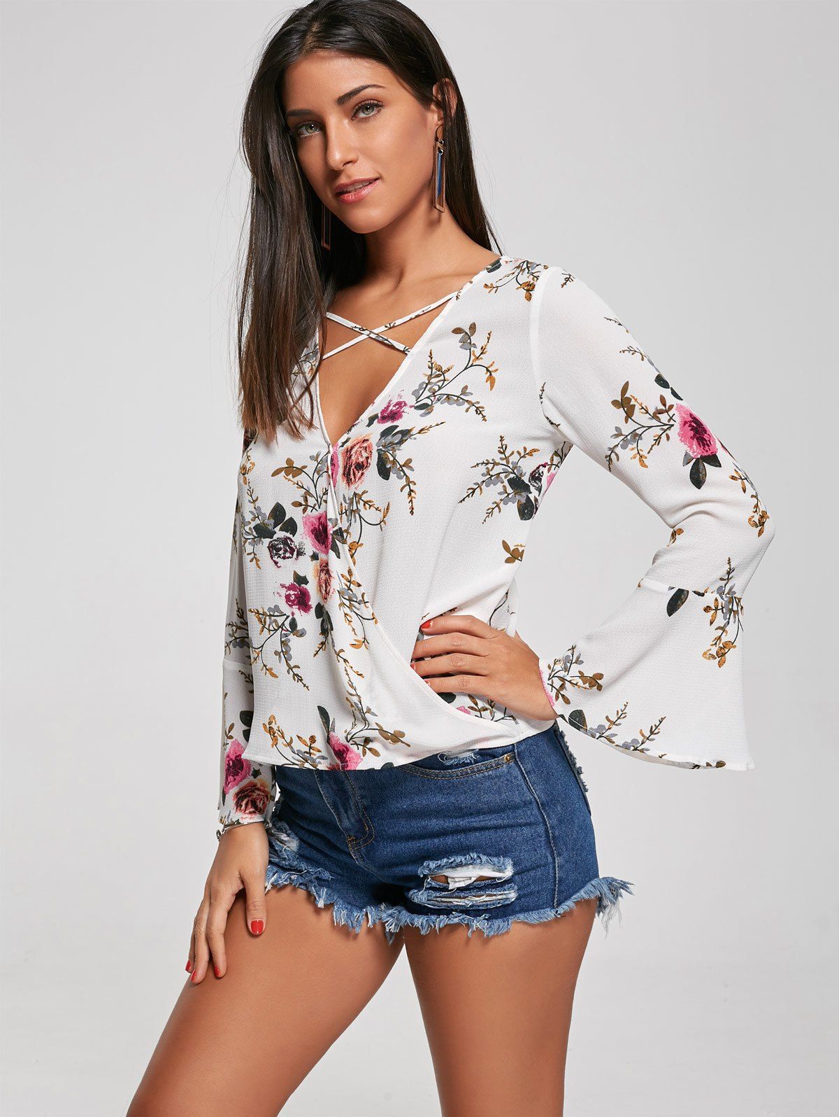 2017 Criss Cross Floral Print Surplice Blouse FLORAL M In Blouses ...