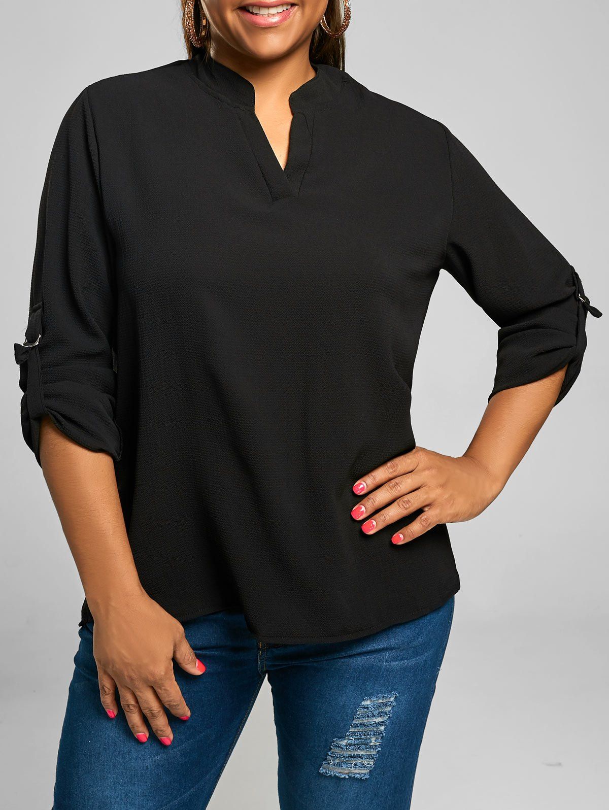 

Plus Size V Neck Chiffon Long Sleeve Top, Black