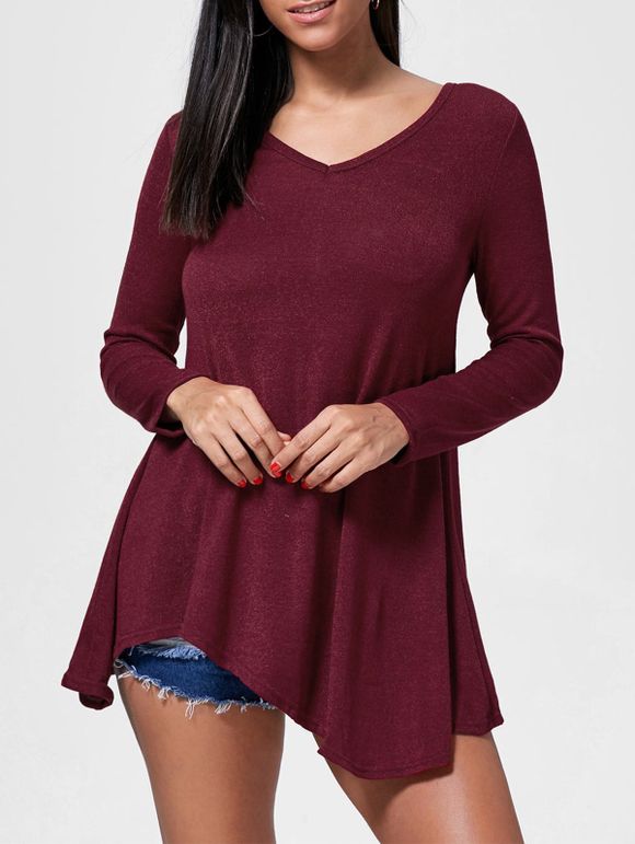 Plain Color V-Neck Long Sleeves Casual Asymmetric Mini Dress - WINE RED S