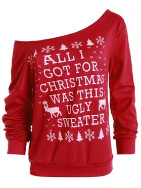 Cute Snowflake and Elk Printed Skew Neck Christmas Sweatshirt For Women