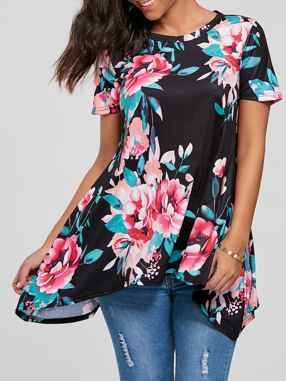 17 Off 2021 Floral Print Asymmetrical Tunic Top In Black Dresslily