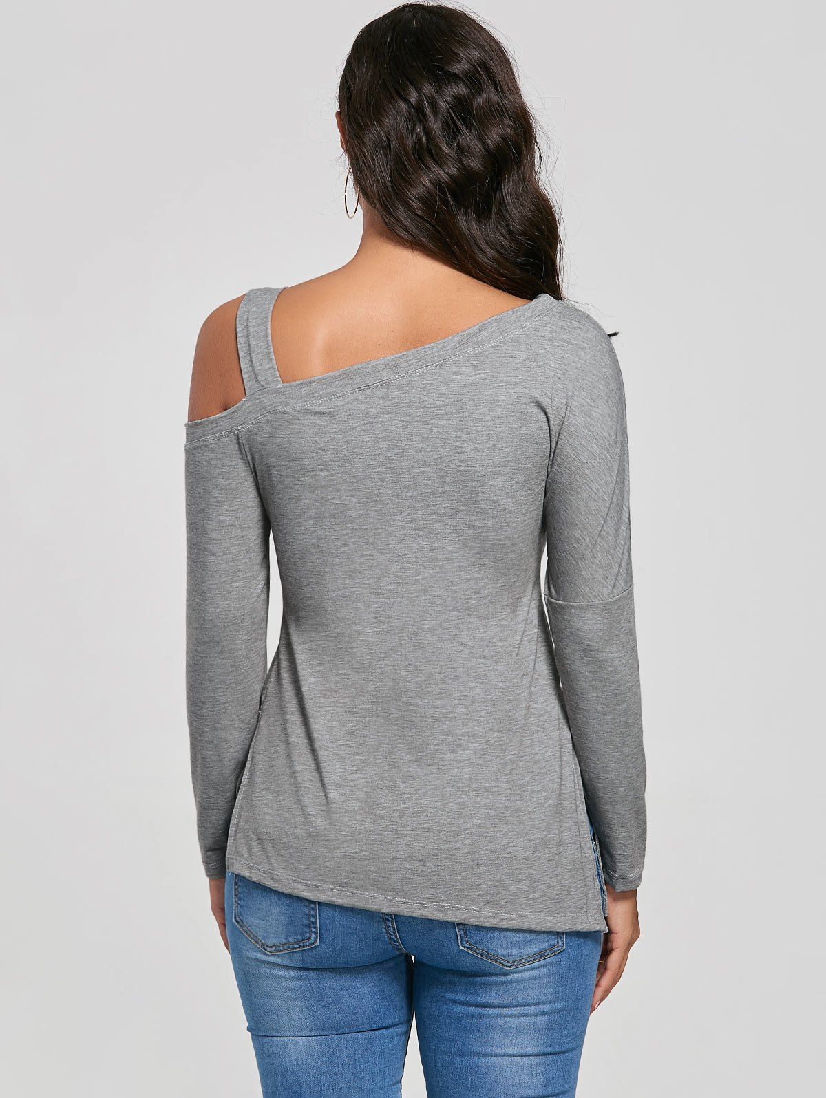 2018 Side Slit Cold Shoulder Long Sleeve Top GRAY M In Long Sleeves ...