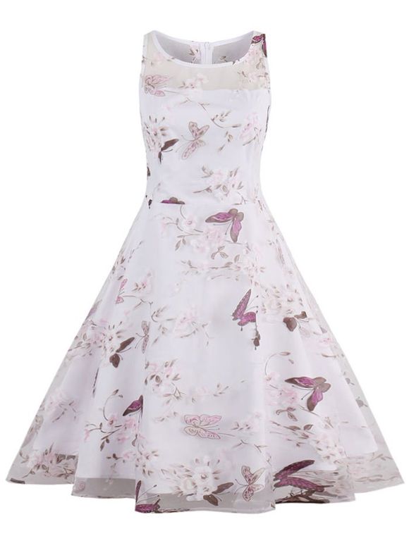 Floral Butterfly Print Organza Fit et Flare Dress - Blanc 2XL