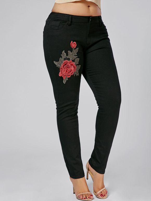 Pantalon Grande Taille Skinny Brodé Floral - Noir 3XL