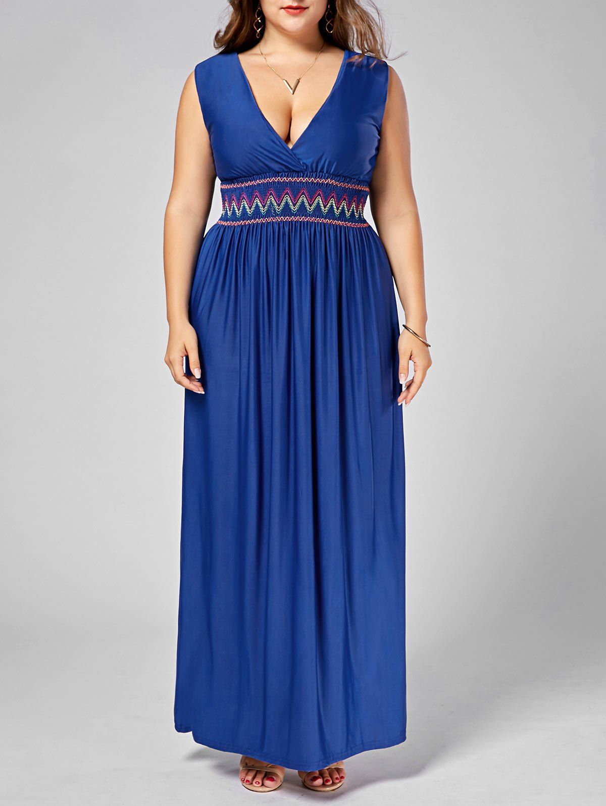 

Embroidered Plus Size Plunging Neck Maxi Evening Dress, Blue