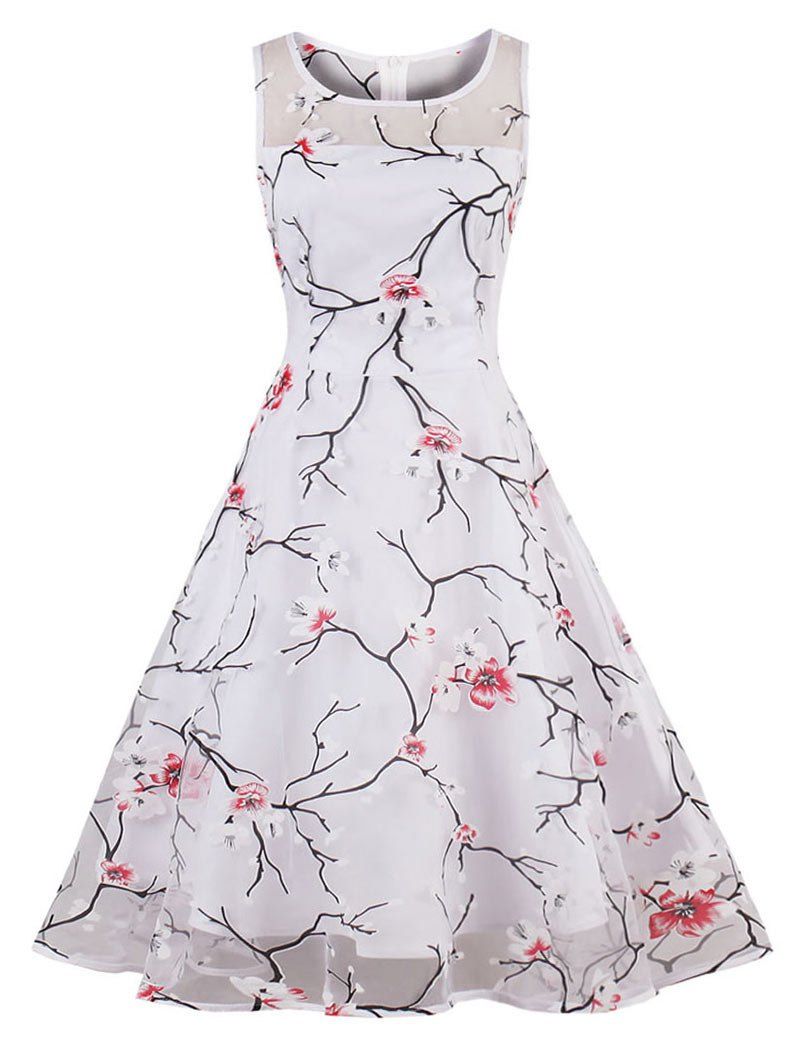

Floral Print Organza Skater Dress, Red