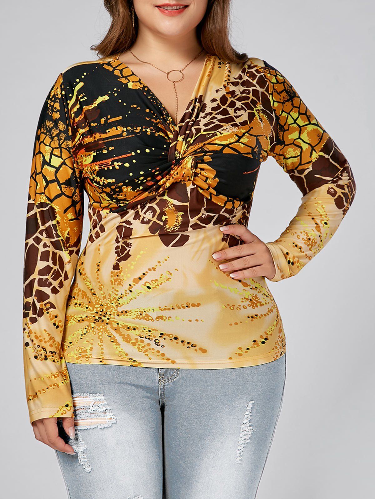 

Leopard Printed Plus Size Long Sleeve Knot T-shirt, Yellow