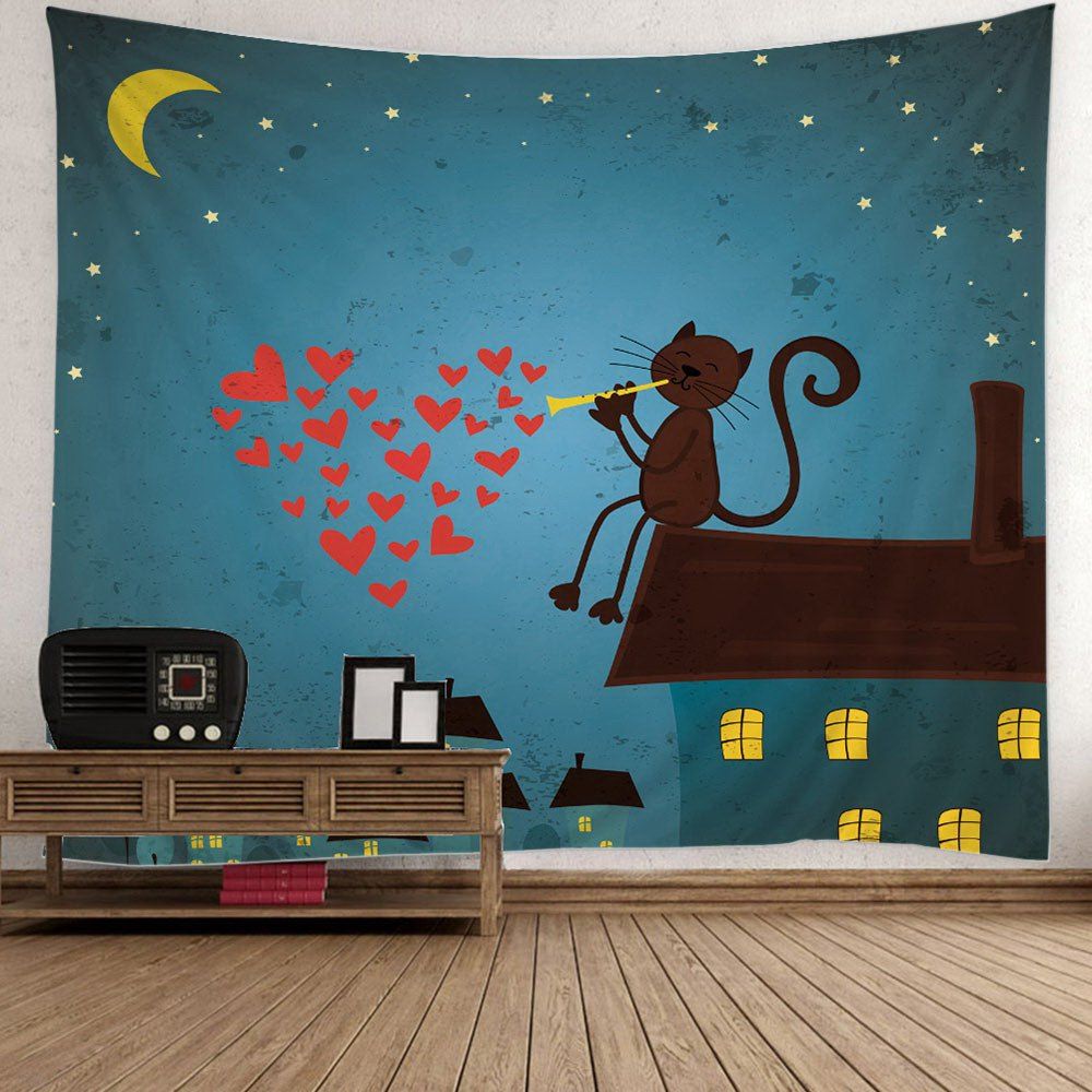 

Cartoon Cat Heart Print Wall Tapestry, Deep blue