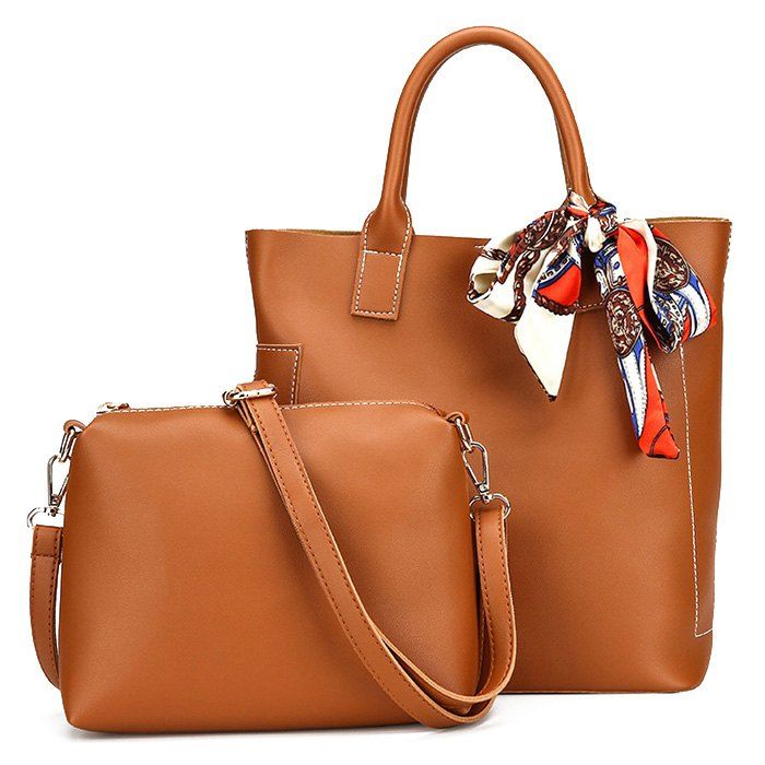 

PU Leather Tote Bag Set with Scarf, Brown