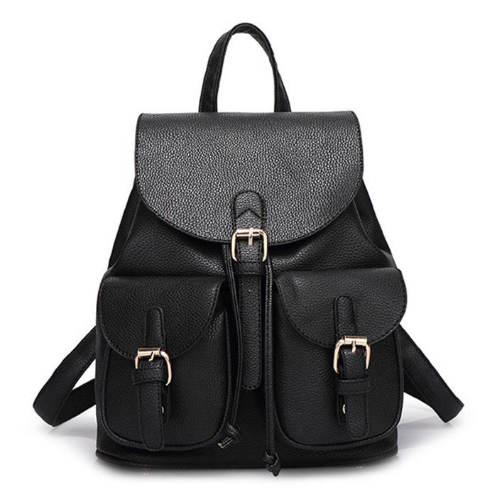 Buckles PU Leather Backpack - BLACK 