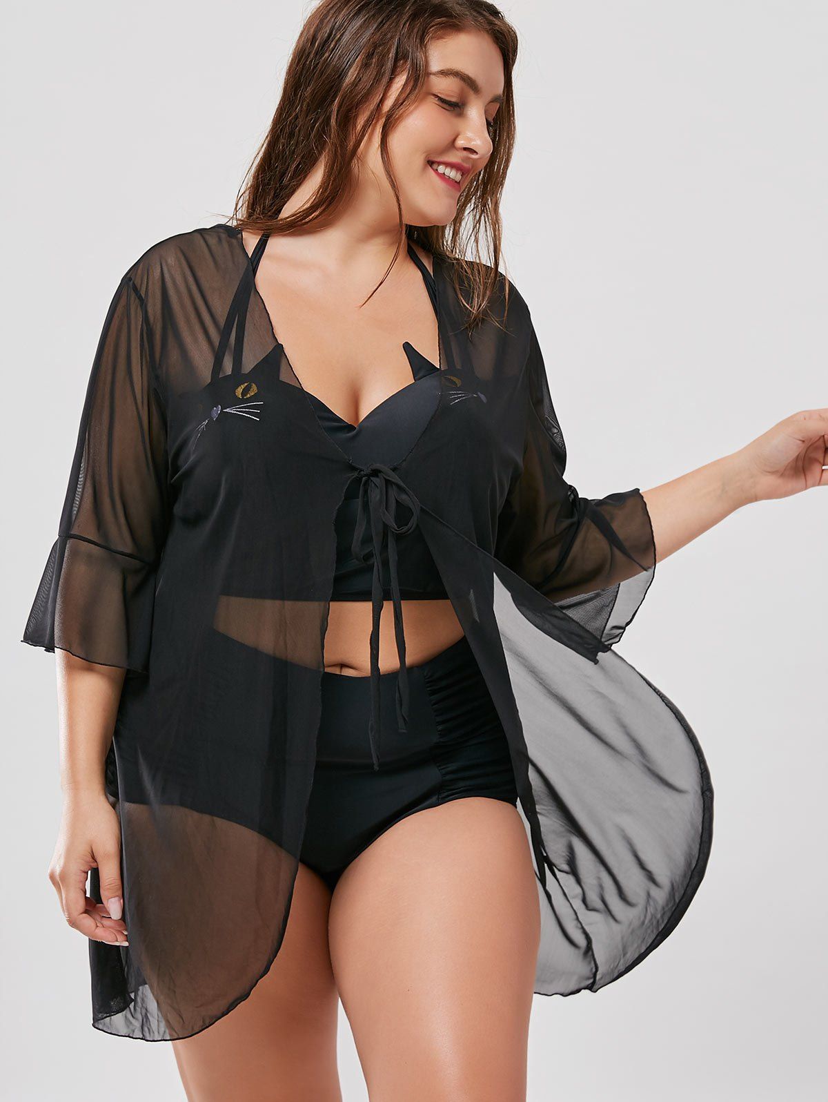 Plus Size Halter Bikini With Mesh Cover Up BLACK XL In Plus Size Swimwear Online Store