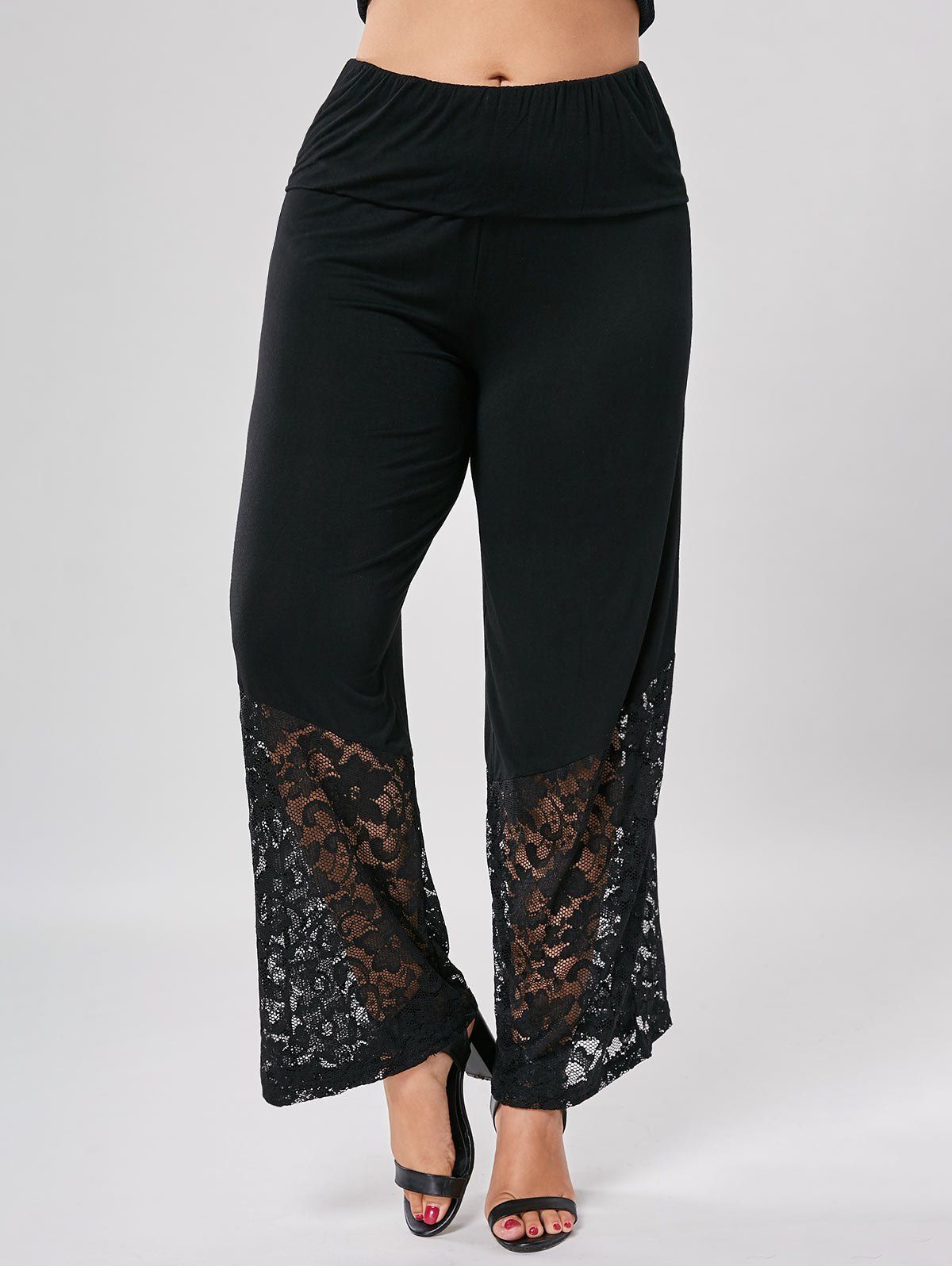 

Lace Trim Wide Leg Plus Size Pants, Black