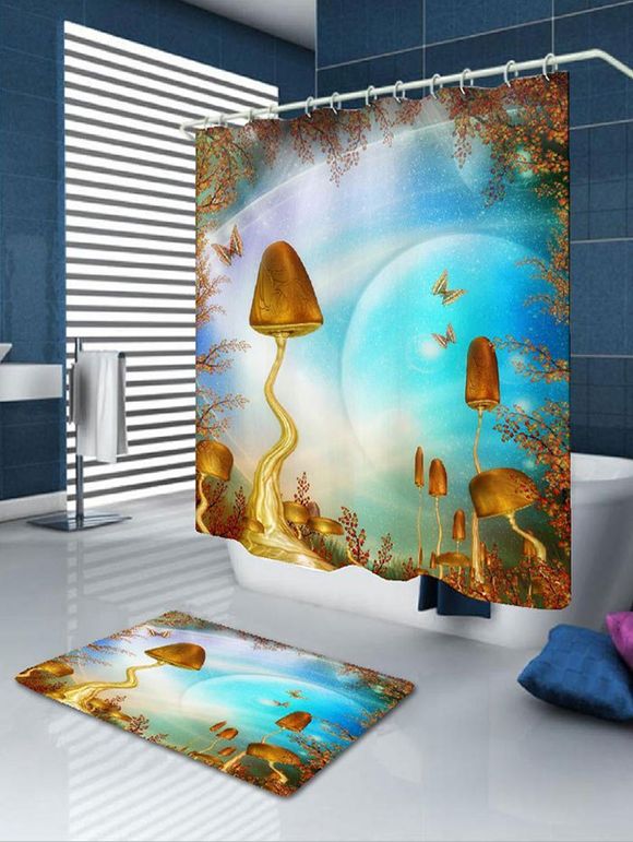 Rideau et tapis de douche à motifs de champignons de ciel - Bleu Ciel 