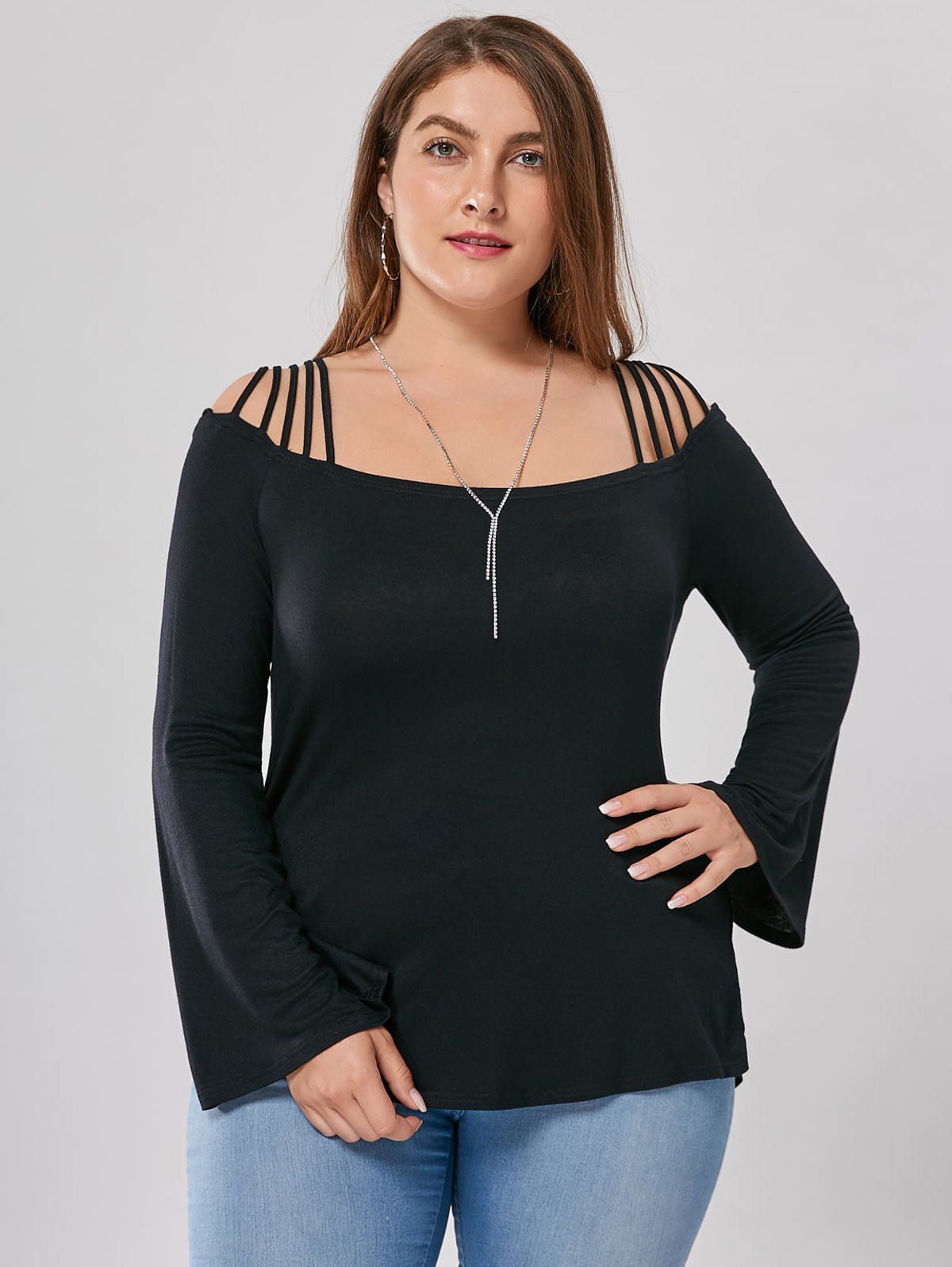 2018 Plus Size Bell Sleeve Cut Out T-shirt BLACK XL In T-shirts Online ...