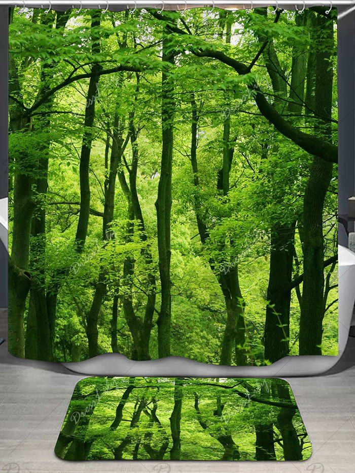2018 Forest Pattern Shower Curtain and Area Rug GREEN In Shower ...