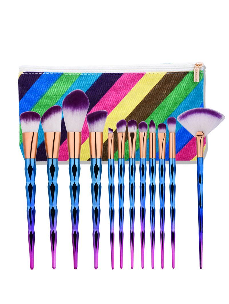 

Diamond Shape Makeup Brushes Set With Stripes Bag, Multi