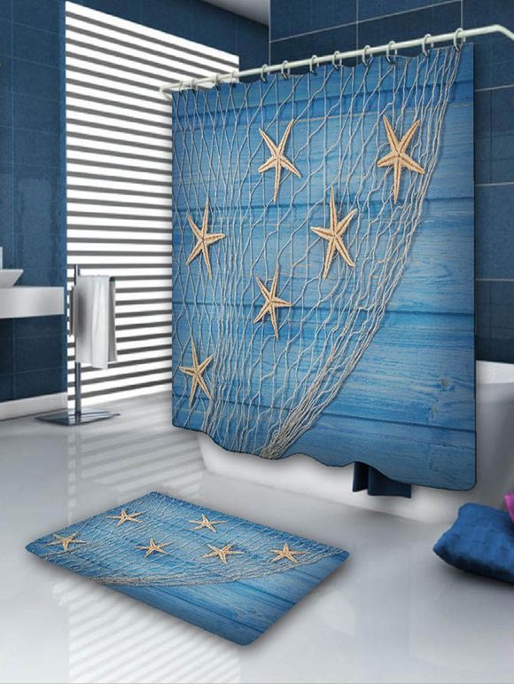 Rideau et tapis de bain de pêche au poisson - Bleu 