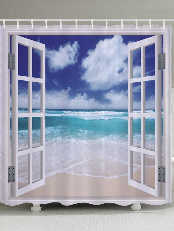Window Beach Wave Print Fabric Rideau de douche de salle de bain - Bleu W71 INCH * L79 INCH