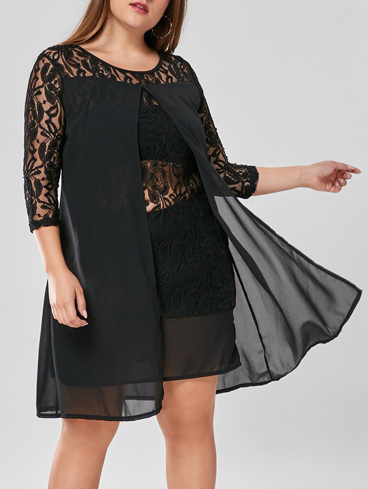 

Plus Size Lace Trim Knee Length Dress, Black