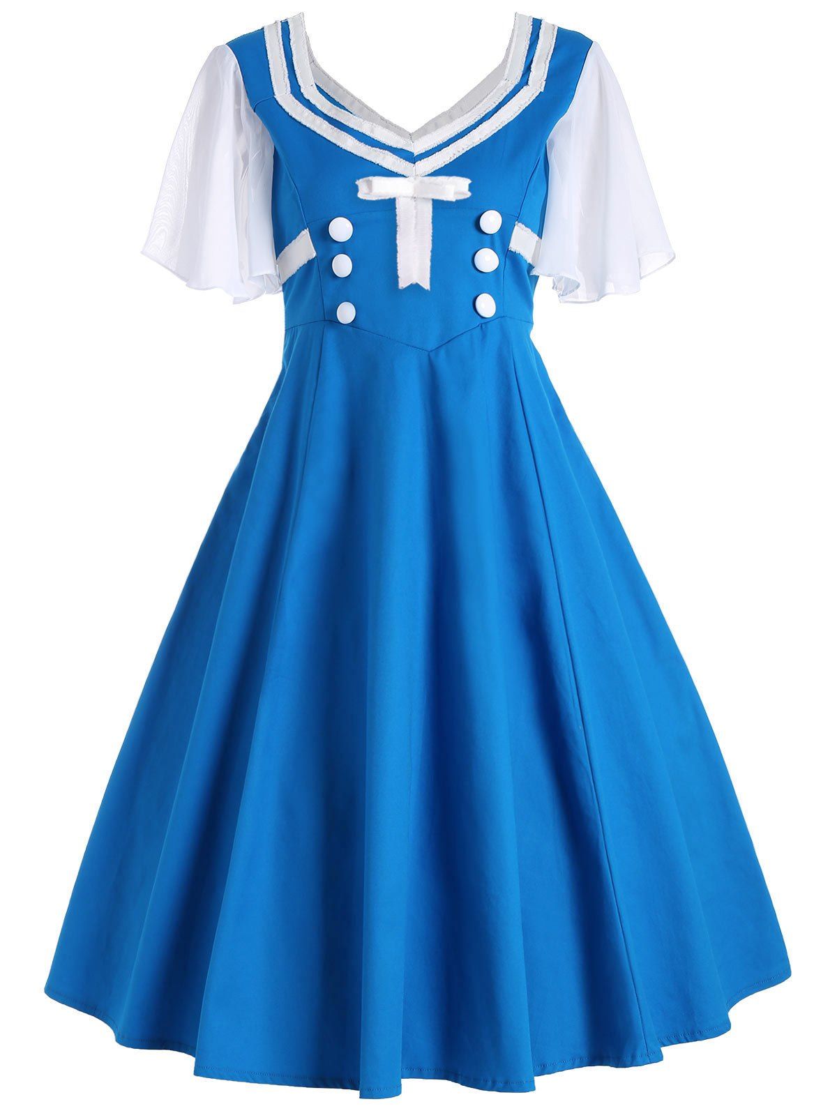 

Button Flared Short Sleeve 50s Swing Dress, Light blue