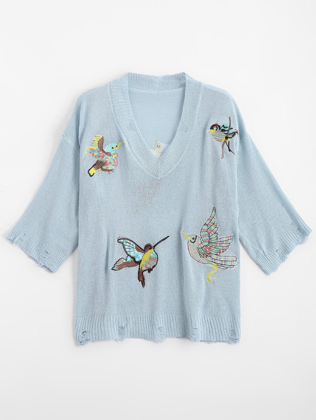 

V Neck Ripped Birds Embroidered Sweater, Azure