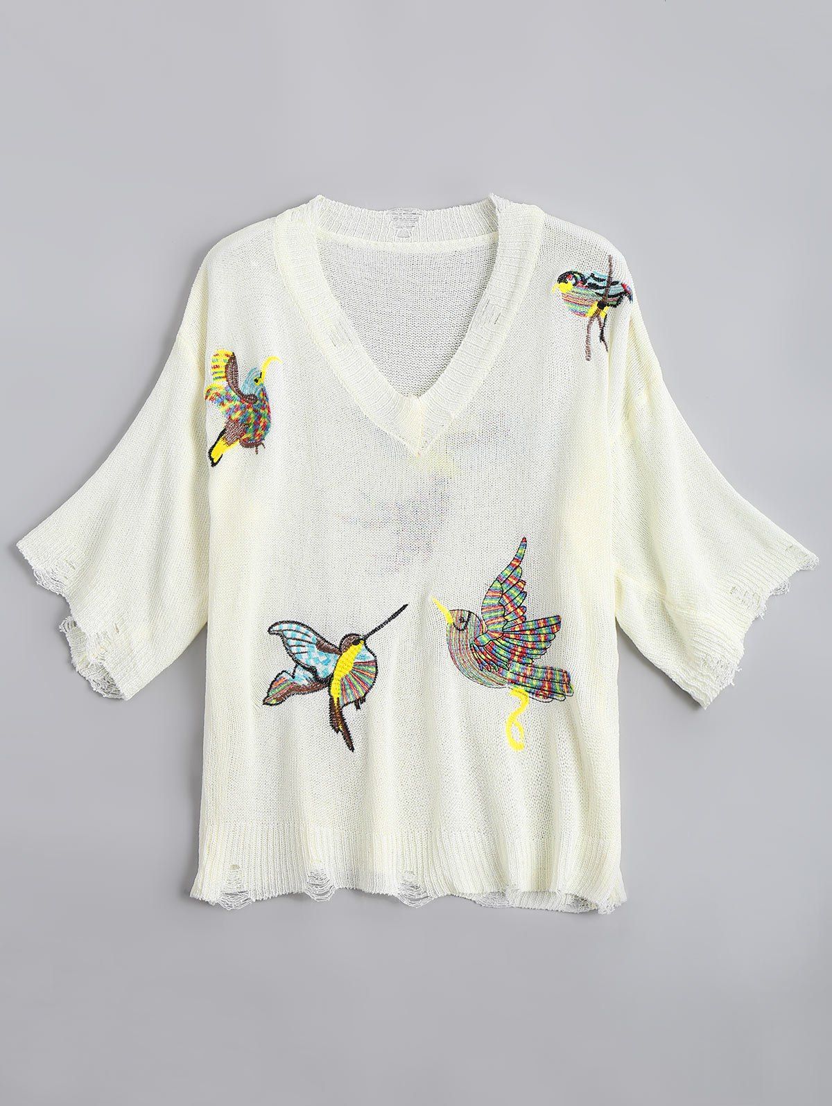 

V Neck Ripped Birds Embroidered Sweater, White