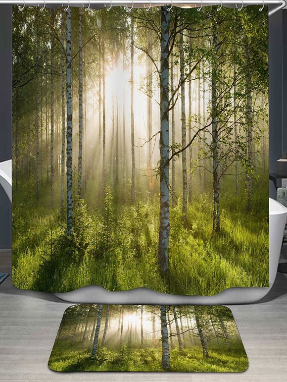 Rideau de douche et tapis de douche imprimé par la forêt - Vert 