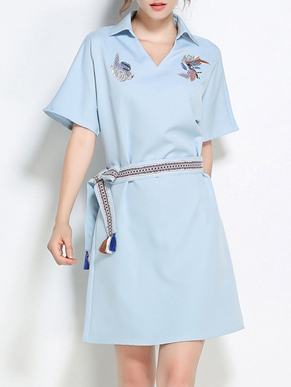 Batwing Sleeve Embroidery Sequins Belted Shirt Dress - LIGHT BLUE XL