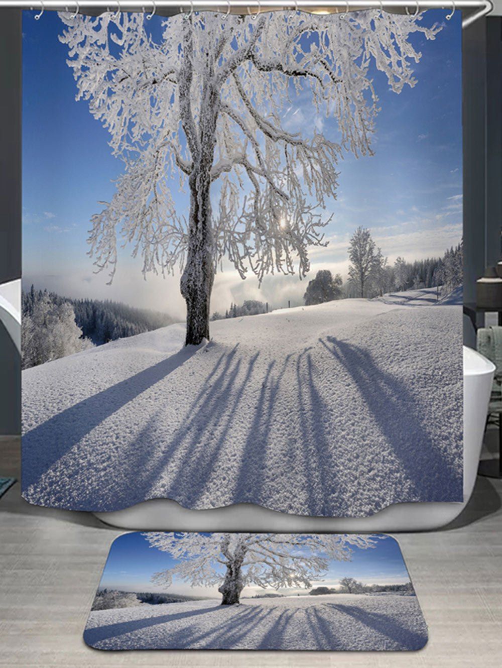 

Snow Tree Print Shower Curtain and Bath Rug, Snow shape