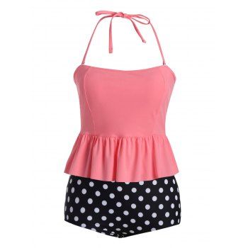 

Plus Size Polka Dot Flounce Halter Tankini, Light pink