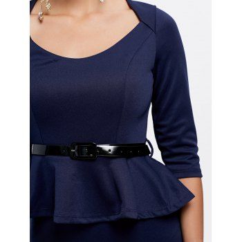 Women's Polyester Solid Color Belt Beam Waist Packet Buttock Flounces Stylish Peplum Dress