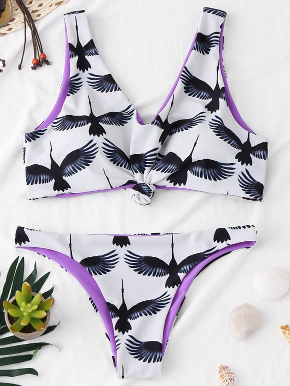 Crane Print Scoop Neck Bikini Swimwear - multicolore L