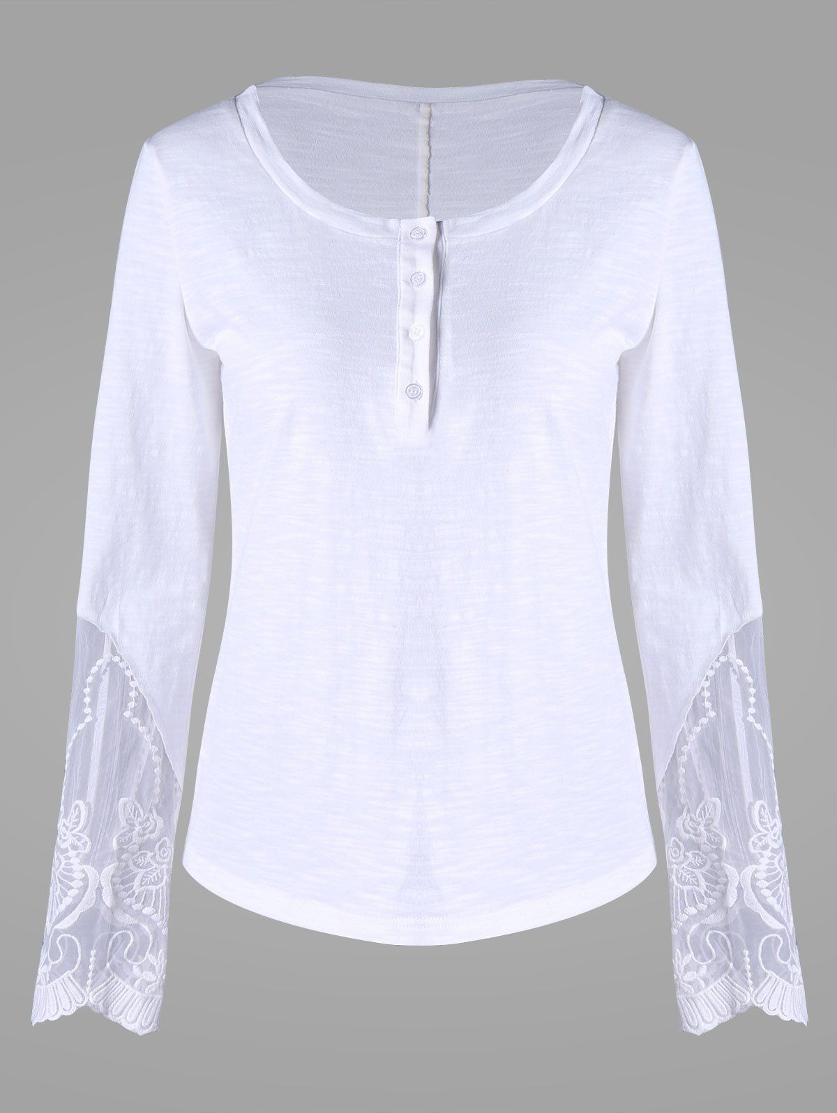2018 Embroidered Mesh Insert Henley Tshirt WHITE XL In Long Sleeves