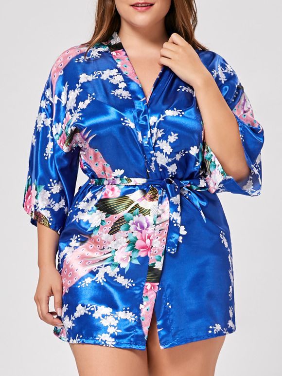 Pyjama Kimono en Satin Floral Grande Taille - Royal 2XL