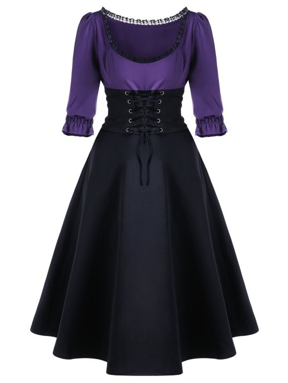 Robe de Bal à Taille Moulante avec Lacets et Base Evasée - Noir et Violet XL