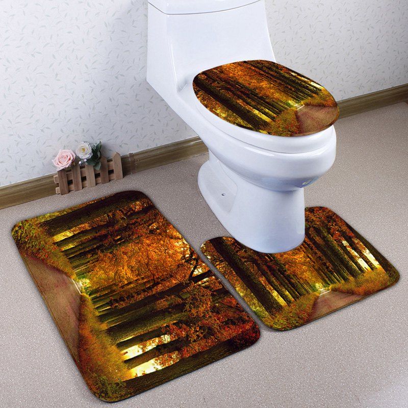 

3Pcs Flannel Autumn Path Skidproof Toilet Rug Set, Light brown - maple